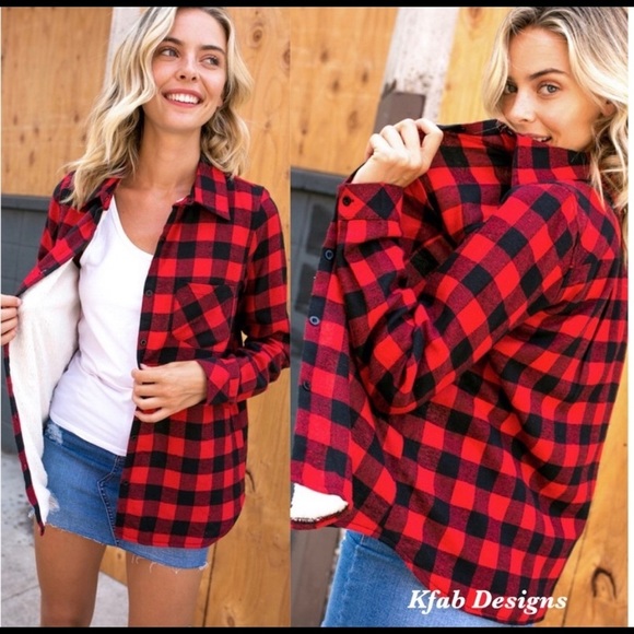 New! Clearance 🍇 buffalo Plaid Sherpa fleece lined flannel Top - Picture 2 of 12